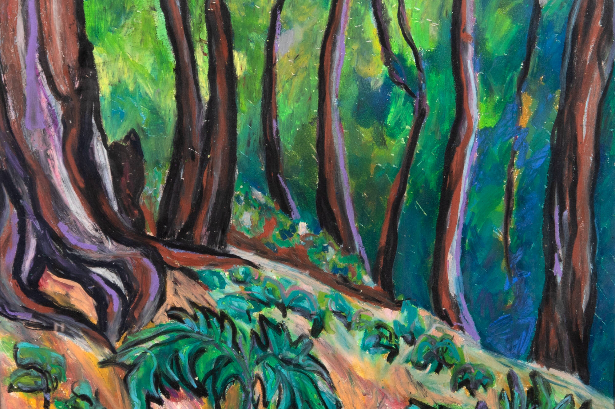 Drawing of a ravine with browns, greens and orange.